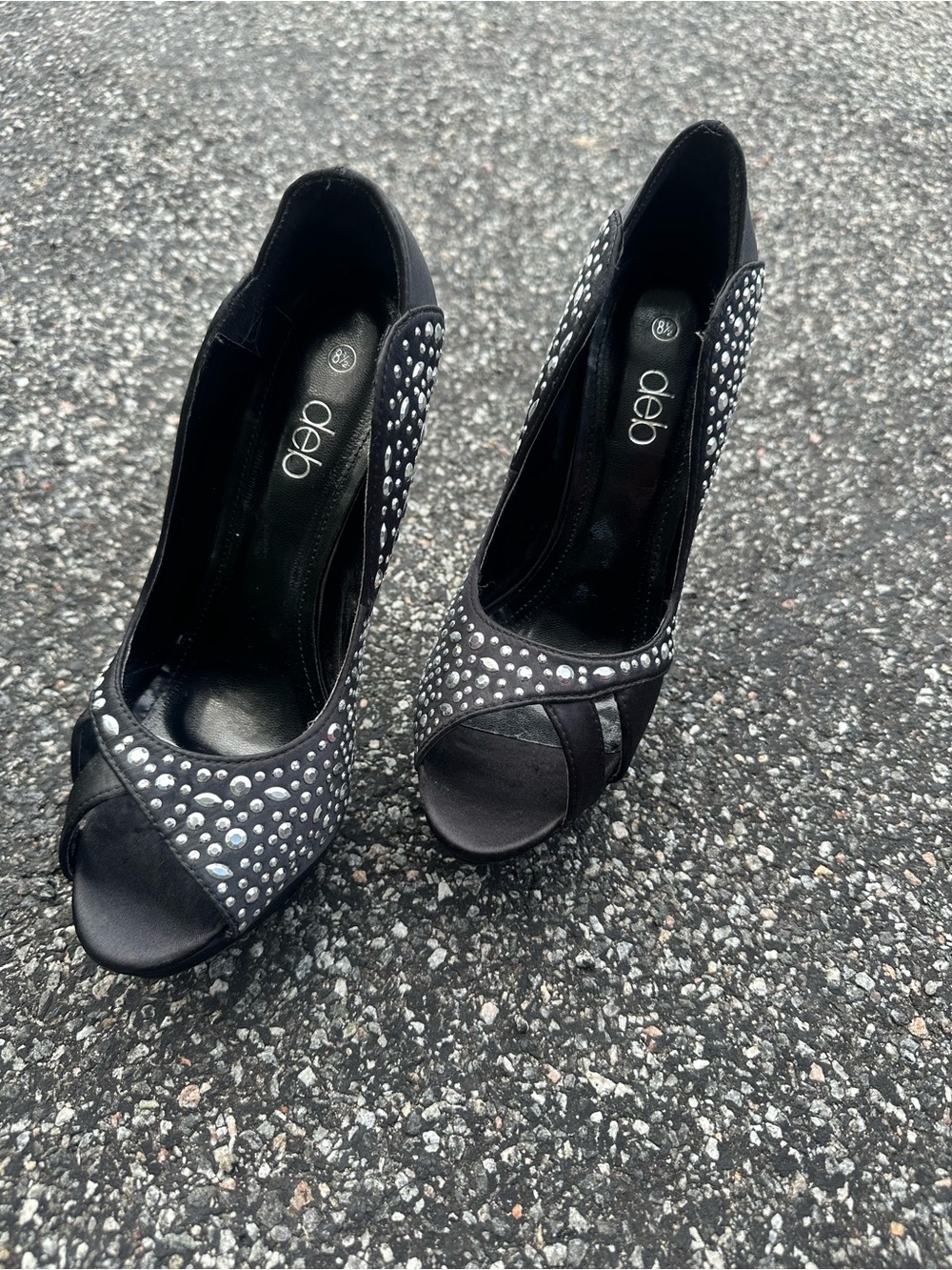 Deb Black Crystal-Embellished Peep Toe Heels